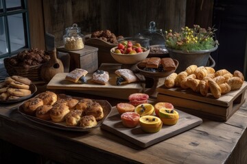 Wall Mural - a rustic wooden board with a variety of freshly-made pastries and sweets, created with generative ai