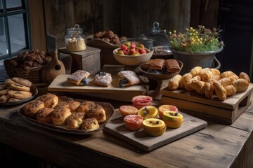 Sticker - a rustic wooden board with a variety of freshly-made pastries and sweets, created with generative ai