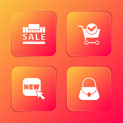 Poster - Set Shopping building and sale, cart with check mark, Button text New and Handbag icon. Vector