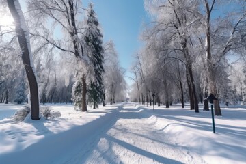 Poster - shoveled pathway through a snow-covered park, created with generative ai