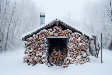 Wall Mural - firewood pile covered in snow during winter, created with generative ai