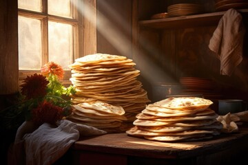 Wall Mural - sunlit tortillas stacked on a rustic wooden table, created with generative ai
