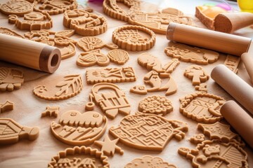 Poster - various biscuit shaped cutters on dough, created with generative ai