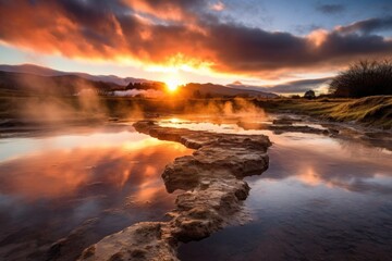 Sticker - steam rising from a geothermal spring at sunrise, created with generative ai