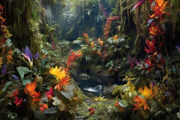 Wall Mural - vibrant exotic flowers on rainforest floor, created with generative ai