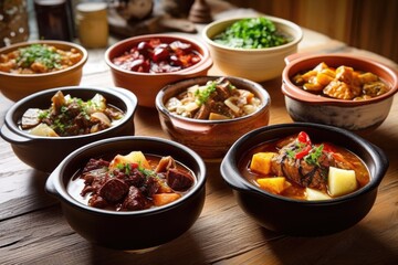 Poster - various types of stews displayed in a row of bowls, created with generative ai