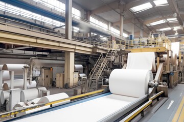 Sticker - pulp and paper factory, with production line in full swing, creating endless sheets of paper, created with generative ai