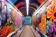 Colorful Graffiti On Subway Tunnel Walls, Created With Generative Ai