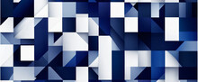 Dark Blue White Pattern. Chaotic. Geometric Shape Background For Design. Squares, Rectangles Or Block. Seamless. Abstract. Mosaic, Collage. Web Banner. Wide. Long. Panoramic