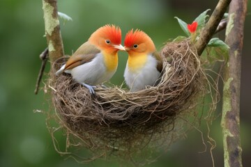 Wall Mural - rare bird couple grooming each other near their nest, created with generative ai