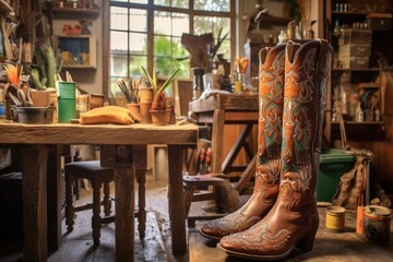 Poster - handcrafted cowboy boots on a workbench, created with generative ai