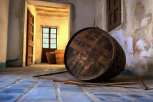 Aging Barrel With Rusty Hoops On Stone Floor, Created With Generative Ai