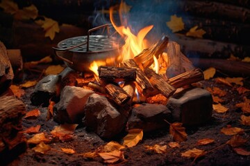 Canvas Print - campfire with glowing embers, ready for goulash pot, created with generative ai