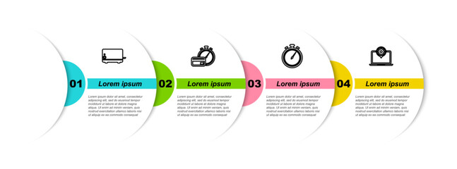 Wall Mural - Set line Toaster, Fast payments, Stopwatch and Laptop setting. Business infographic template. Vector