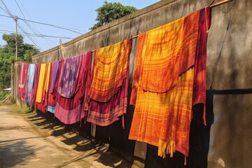 Wall Mural - hand-painted indian sari fabric drying outdoors, created with generative ai