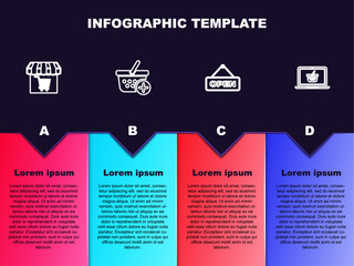 Wall Mural - Set line Market store with shopping cart, Add Shopping basket, Hanging sign Open door and on laptop. Business infographic template. Vector