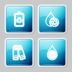 Poster - Set line Battery with recycle, Recycle clean aqua, and Earth planet in water drop icon. Vector