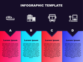 Sticker - Set line Tape measure, Hotel building, Bus and stop. Business infographic template. Vector