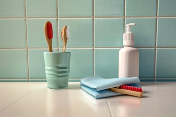 Sticker - toothbrush and toothpaste on bathroom counter, created with generative ai