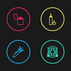 Poster - Set line Flashlight, Rafting boat, Thermos container and Lighter icon. Vector