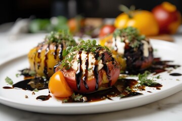 Poster - heirloom tomatoes and burrata cheese, drizzled with balsamic glaze, created with generative ai