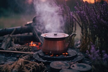 Poster - steam rising from a cup of lavender tea near campfire coals, created with generative ai