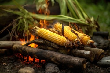 Canvas Print - campfire with corn on the cob roasting on a stick, created with generative ai