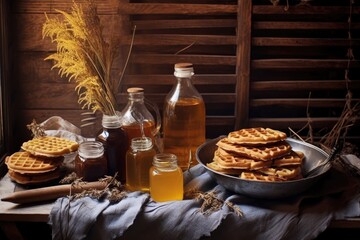 Wall Mural - a rustic table with pancakes, waffles, and a bottle of maple syrup, created with generative ai