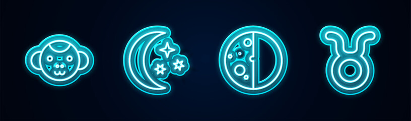 Sticker - Set line Monkey zodiac, Moon and stars, Eclipse of the sun and Taurus. Glowing neon icon. Vector