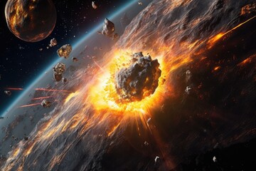 Wall Mural - a dynamic asteroid collision in outer space, created with generative ai