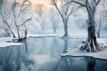 Poster - frozen trees framing a steaming thermal pool in a winter scene, created with generative ai