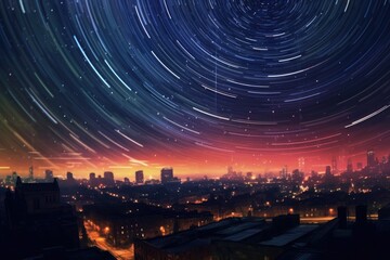 Wall Mural - curved star trails over a city skyline at night, created with generative ai