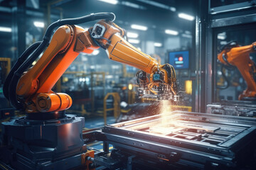 Fototapete - Robotic arm for electronic assembly line. Smart modern factory automation using advanced machines. Generative AI