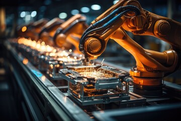 Fototapete - Robotic arm for electronic assembly line. Smart modern factory automation using advanced machines. Generative AI