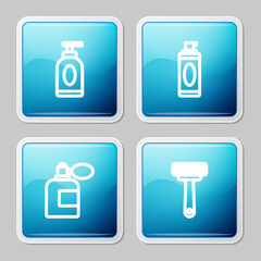 Poster - Set line Cream or lotion cosmetic tube, Shaving gel foam, Aftershave bottle with atomizer and razor icon. Vector