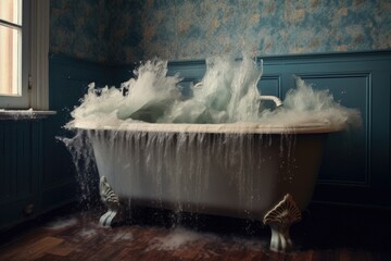 Poster - artistic shot of water streaming down the side of an overflowing tub, created with generative ai