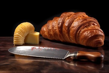 Poster - butter curl on a knife with fresh bread in the background, created with generative ai