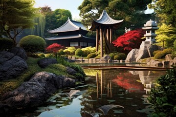 Poster - japanese garden with samurai swords in the foreground, created with generative ai