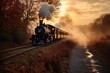 steam train approaching in early morning fog, created with generative ai