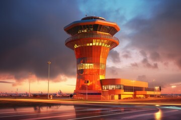 Poster - ultra-modern airport control tower at dusk, created with generative ai