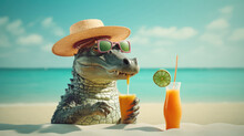 A Stylish Alligator Sporting A Hat And Sunglasses Savors A Frosty Beverage While Enjoying The Sandy Seashore. Generative AI.