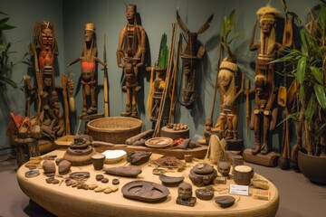Wall Mural - collection of uncontacted tribes artifacts in a museum display, created with generative ai