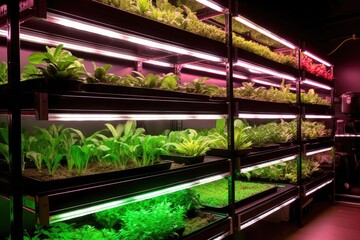 Wall Mural - rows of led-lit hydroponic shelves with plants, created with generative ai