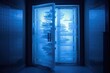 ice-covered cryotherapy chamber door in dim light, created with generative ai