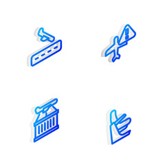 Wall Mural - Set Isometric line Warning aircraft, Plane landing, and Airplane seat icon. Vector