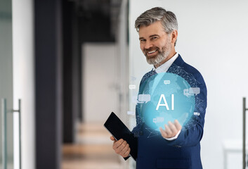 Aufkleber - Cheerful middle aged businessman with digital tablet showing AI hologram