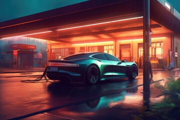 Wall Mural - electric concept car charging at a station, created with generative ai