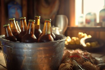 Sticker - close-up of frosty beer bottles chilling in ice bucket, created with generative ai