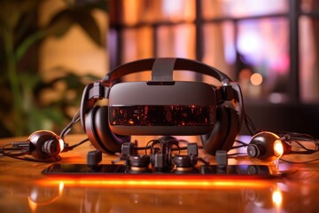 Poster - close-up of a vr headset and controllers on a table, created with generative ai