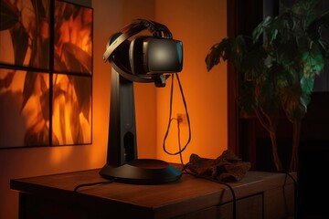 Wall Mural - vr headset on a stand with ambient lighting, created with generative ai